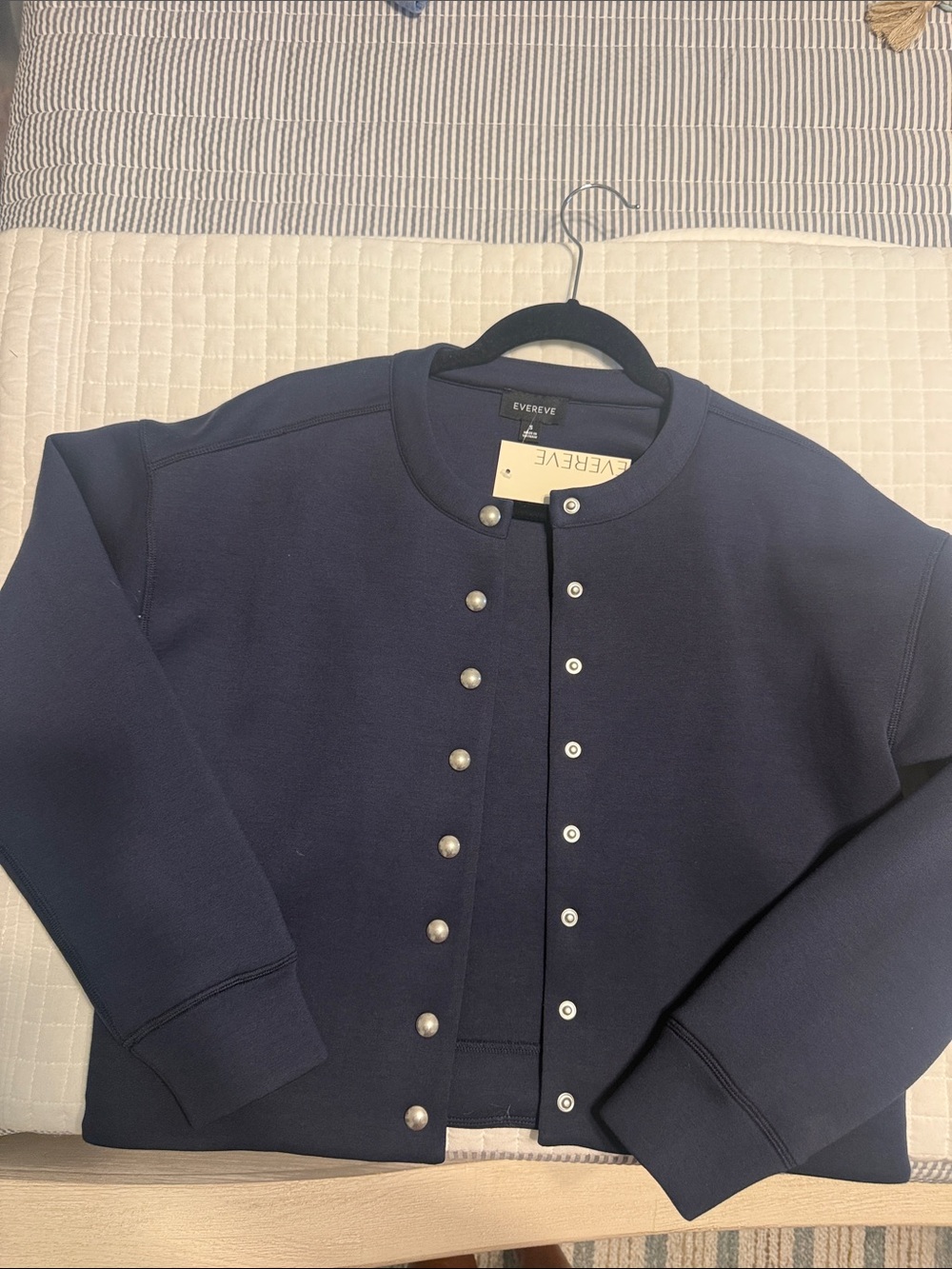 Evereve Navy Pearl-Button Cropped Bomber Jacket